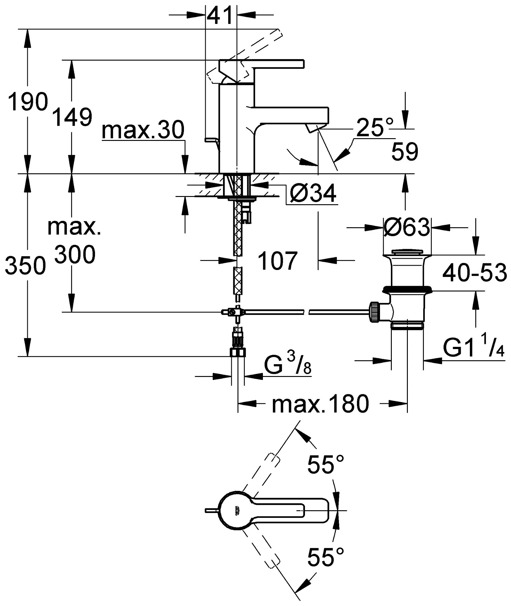 Grohe Lineare 32115 000 Смеситель для раковины с донным клапаном S-Size