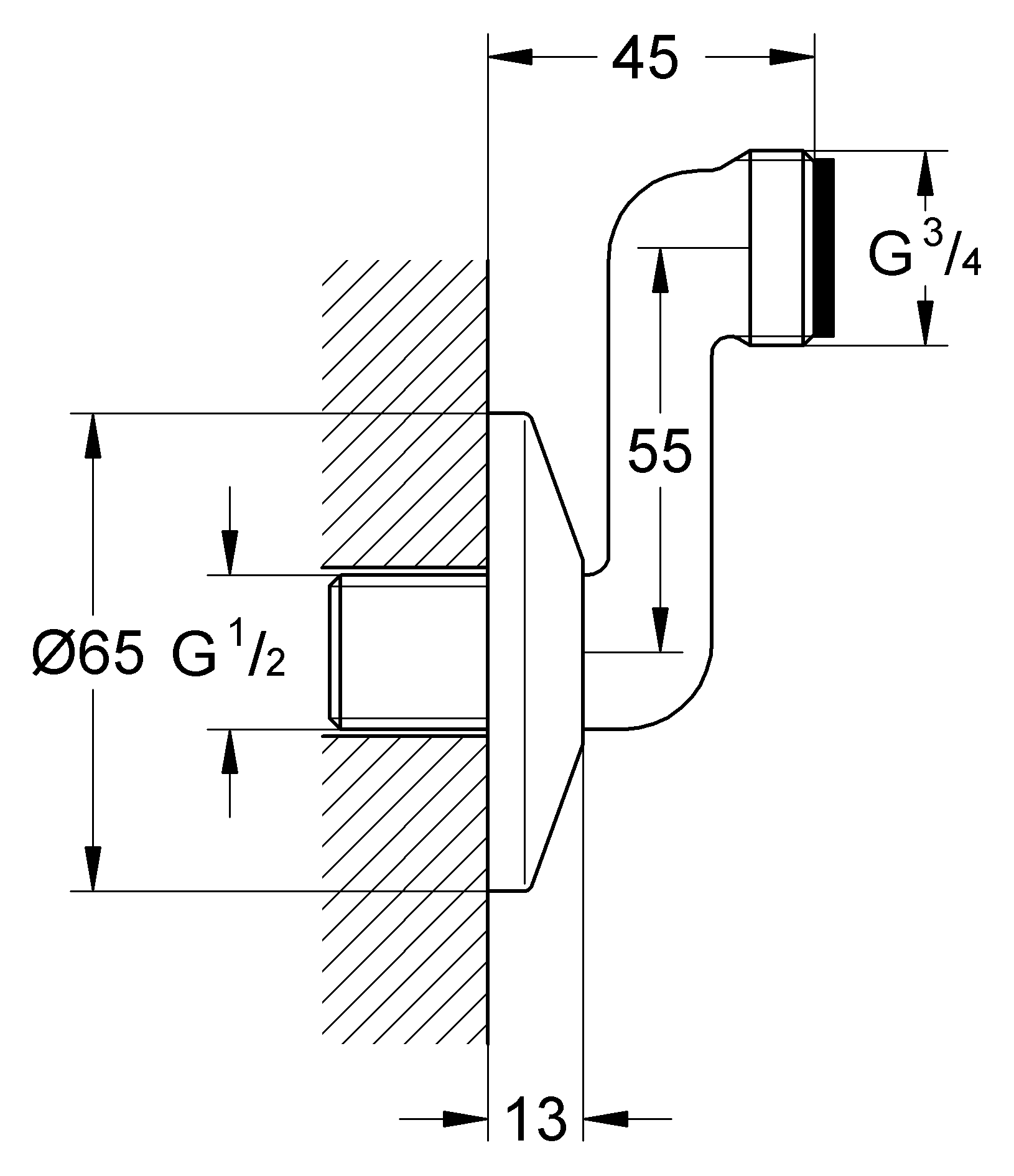 Grohe 12465 000 Эксцентрик 1/2"х3/4" с фланцем (вынос 55 мм)