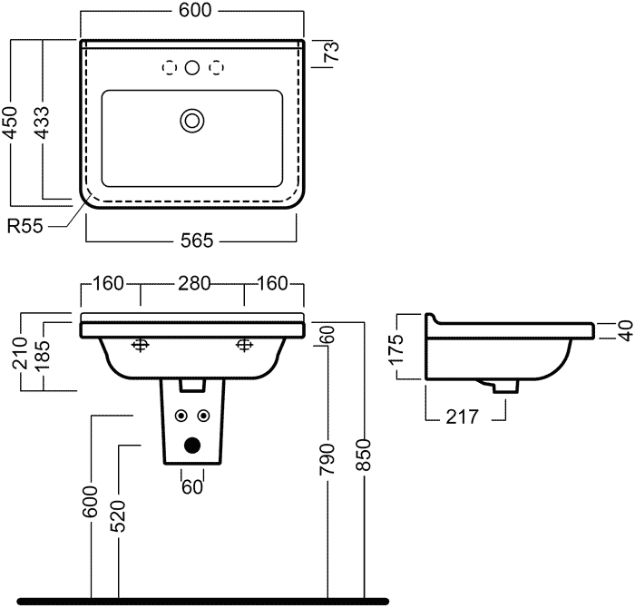 Hatria Erika PRO YXBH/YXBK  Раковина 600х450 с полупьедесталом