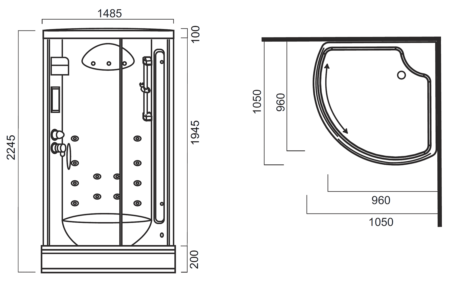 AM·PM Bliss L W53C-909-105WTF  Душевая кабина 1050x1050x2245 1/4 круга с гидромассажем и паром