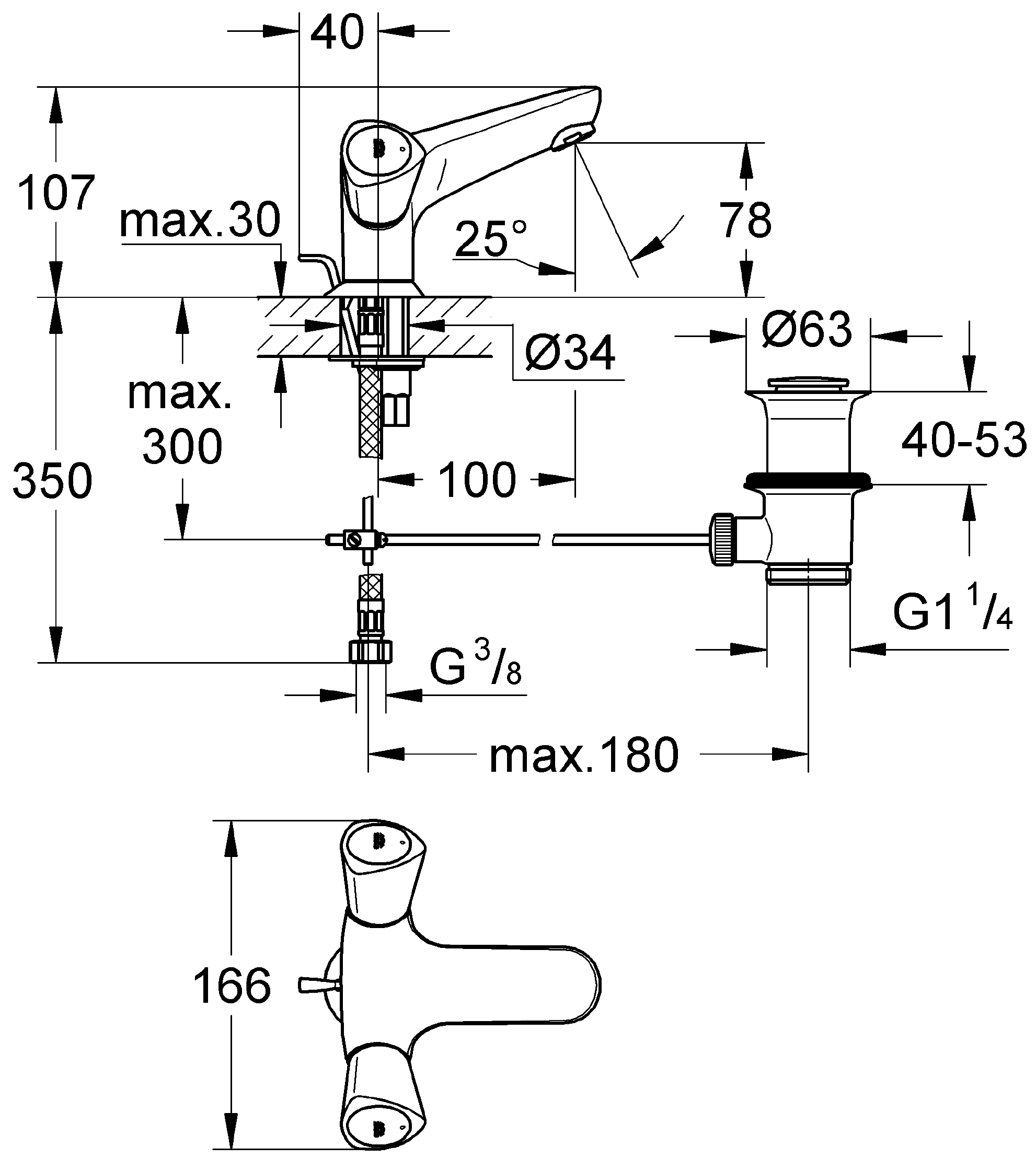 Grohe Costa S 21255 001 Смеситель для раковины с донным клапаном