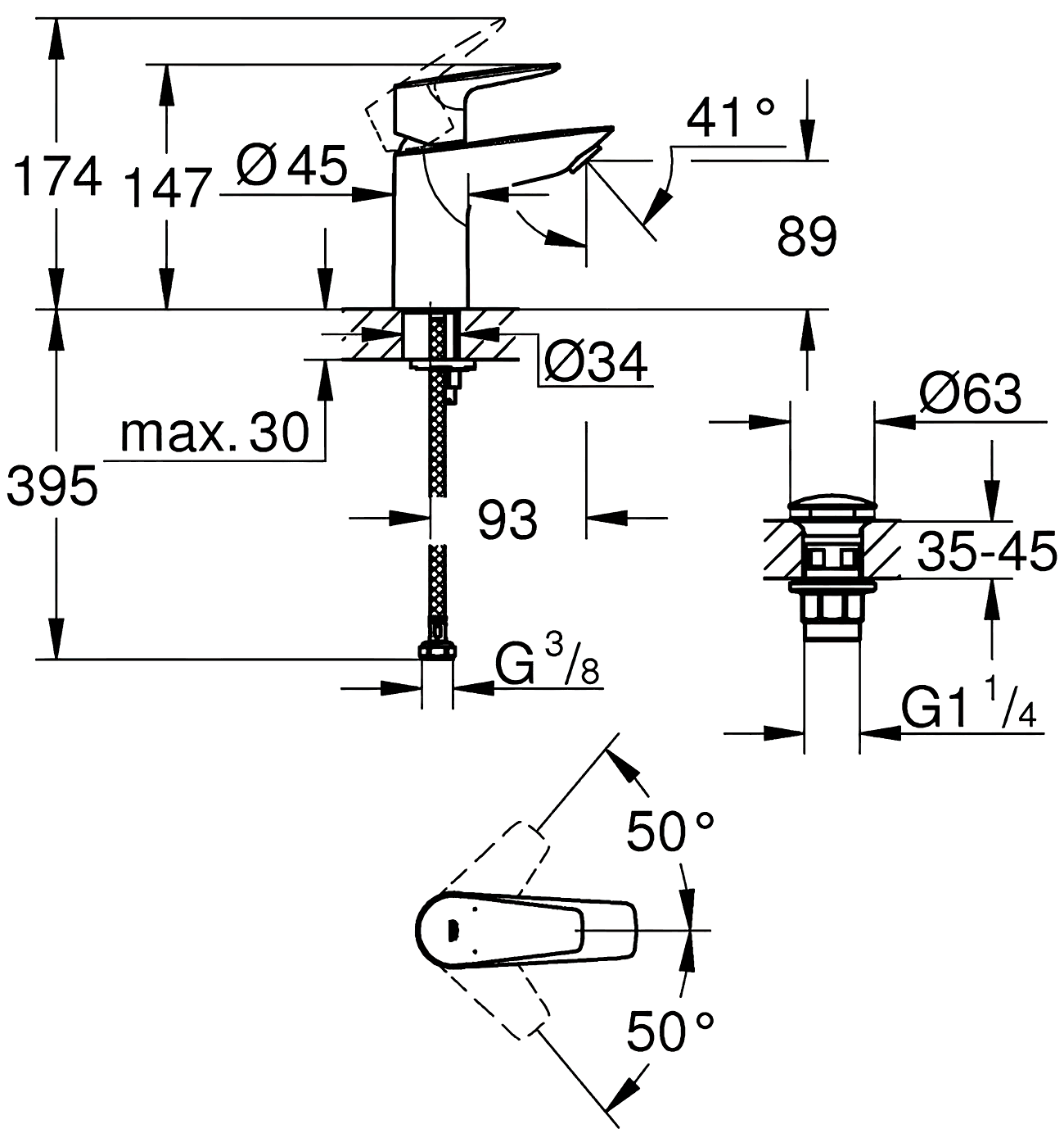 Grohe BauEdge 23895 001 Смеситель для раковины с донным клапаном