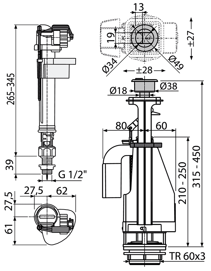 Alcaplast SA08ASK 1/2" Смывное и наборное устройство (латунный нижний подвод)